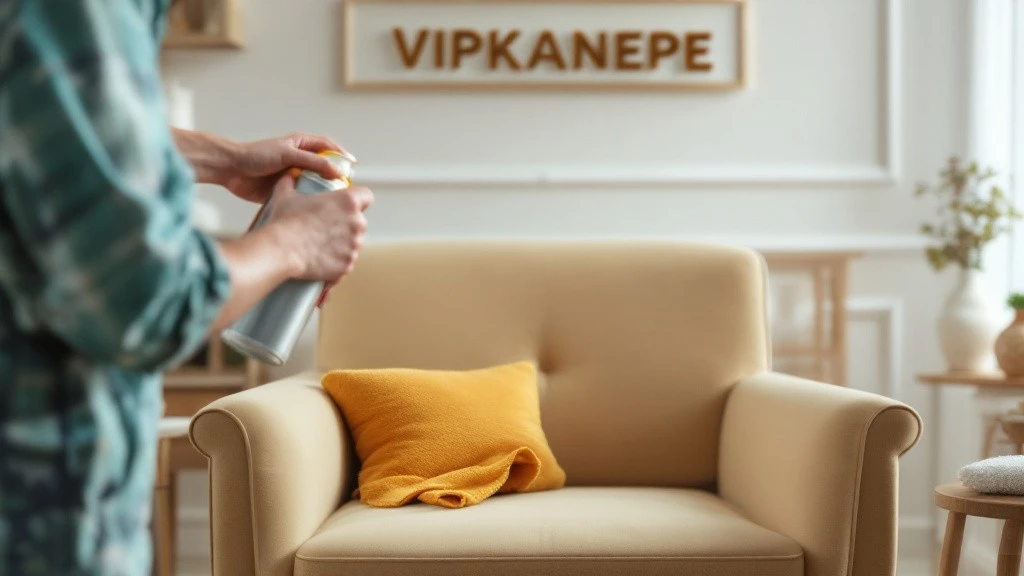 Evde koltuk temizliği yapan kişi sprey ve bez ile koltuk siliyor