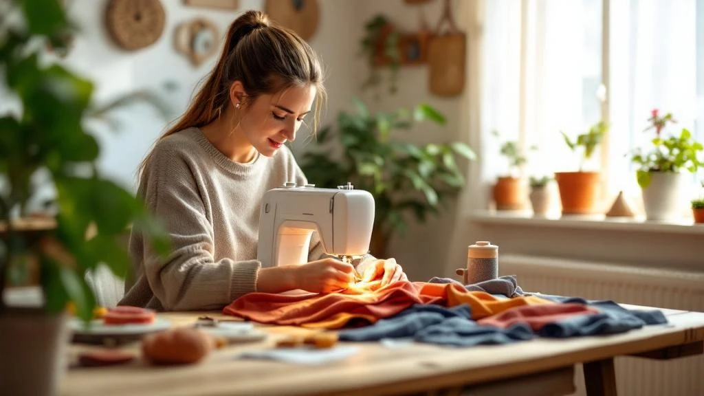 Dikiş makinesiyle koltuk kumaşı diken kadın